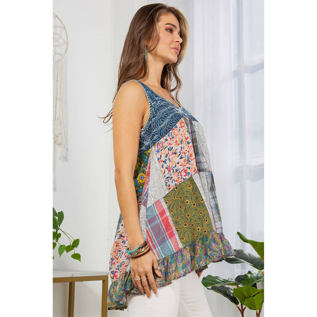 Boho Fusion Denim And Plaid Flowy Tank Top