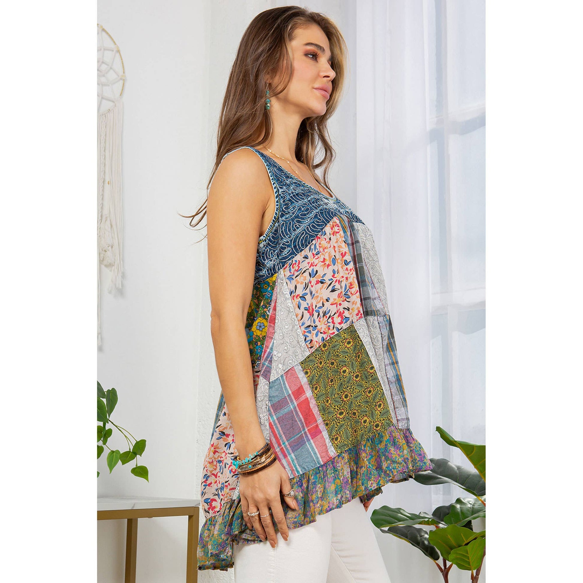 Boho Fusion Denim And Plaid Flowy Tank Top