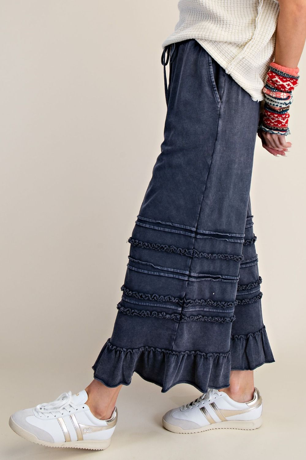 Easel Washed Terry Tiered Ruffle Wide Leg Pants