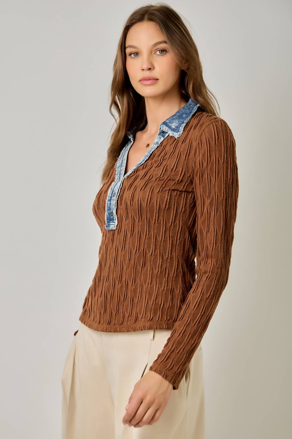 Denim Mix Textured Knit Henley Top