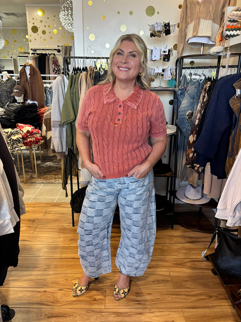 Mariana Barrel Leg Jeans - Checkered Patchwork Design