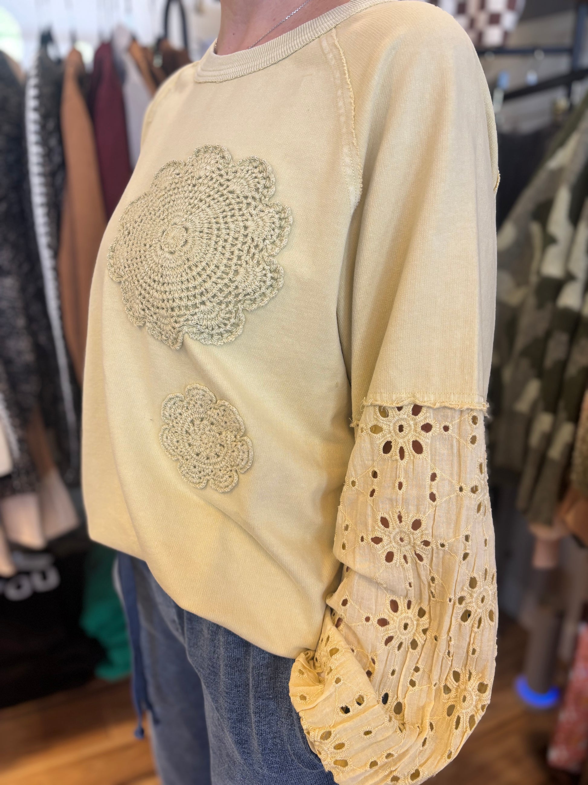 Easel Bestsellers Cotton Long Sleeve Meadow Stitch Top