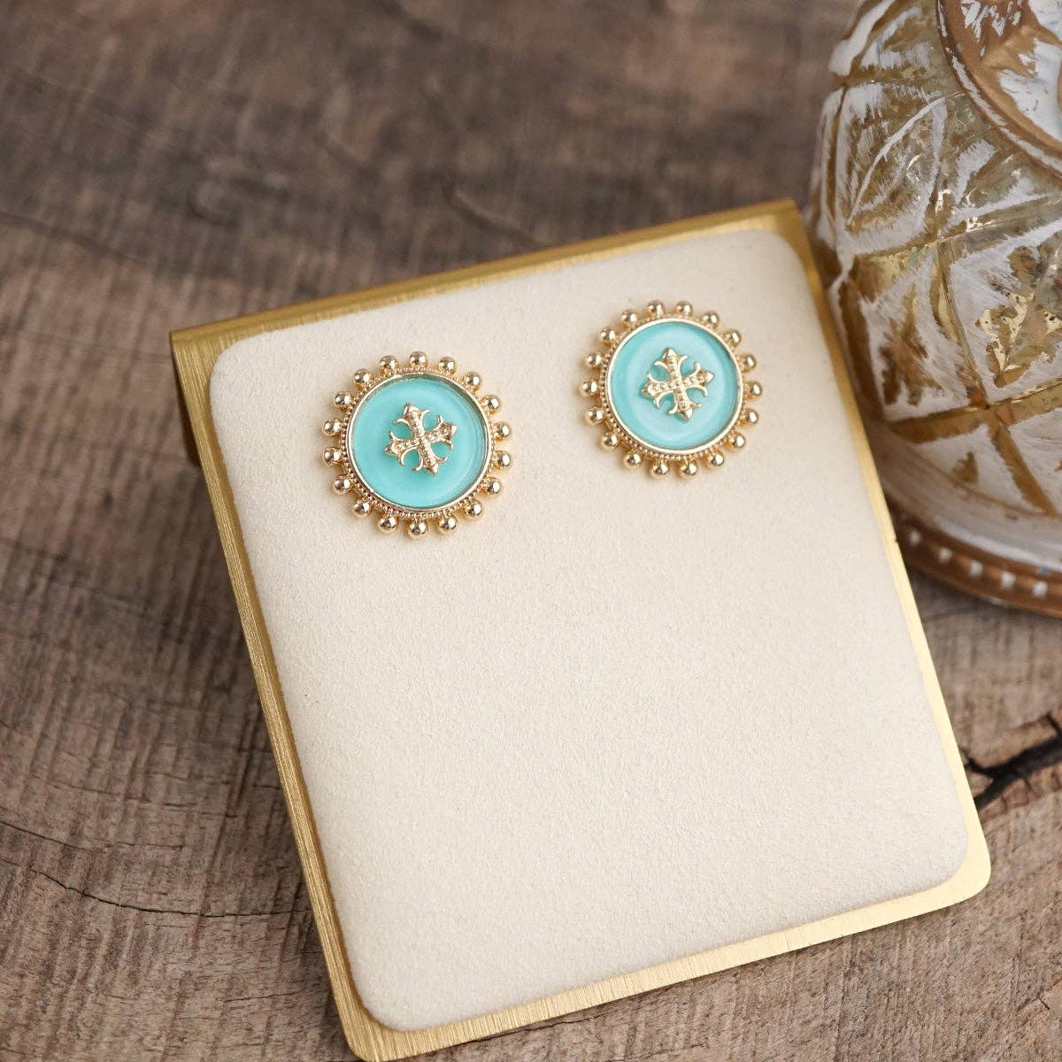 Sunlit Faith – Cross Medallion Stud Earrings