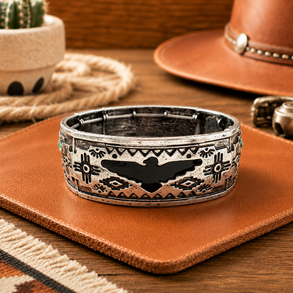 Western Silver Bangle Bracelet – Thunderbird Zia Cuff