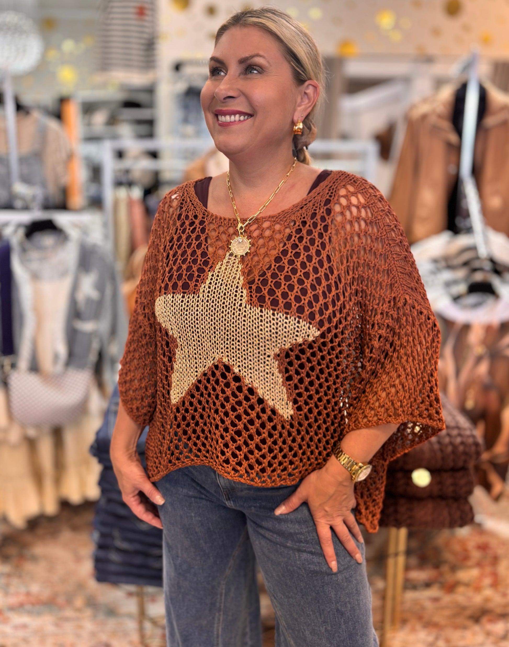 Best-Selling Crochet Top with Metallic Gold Star