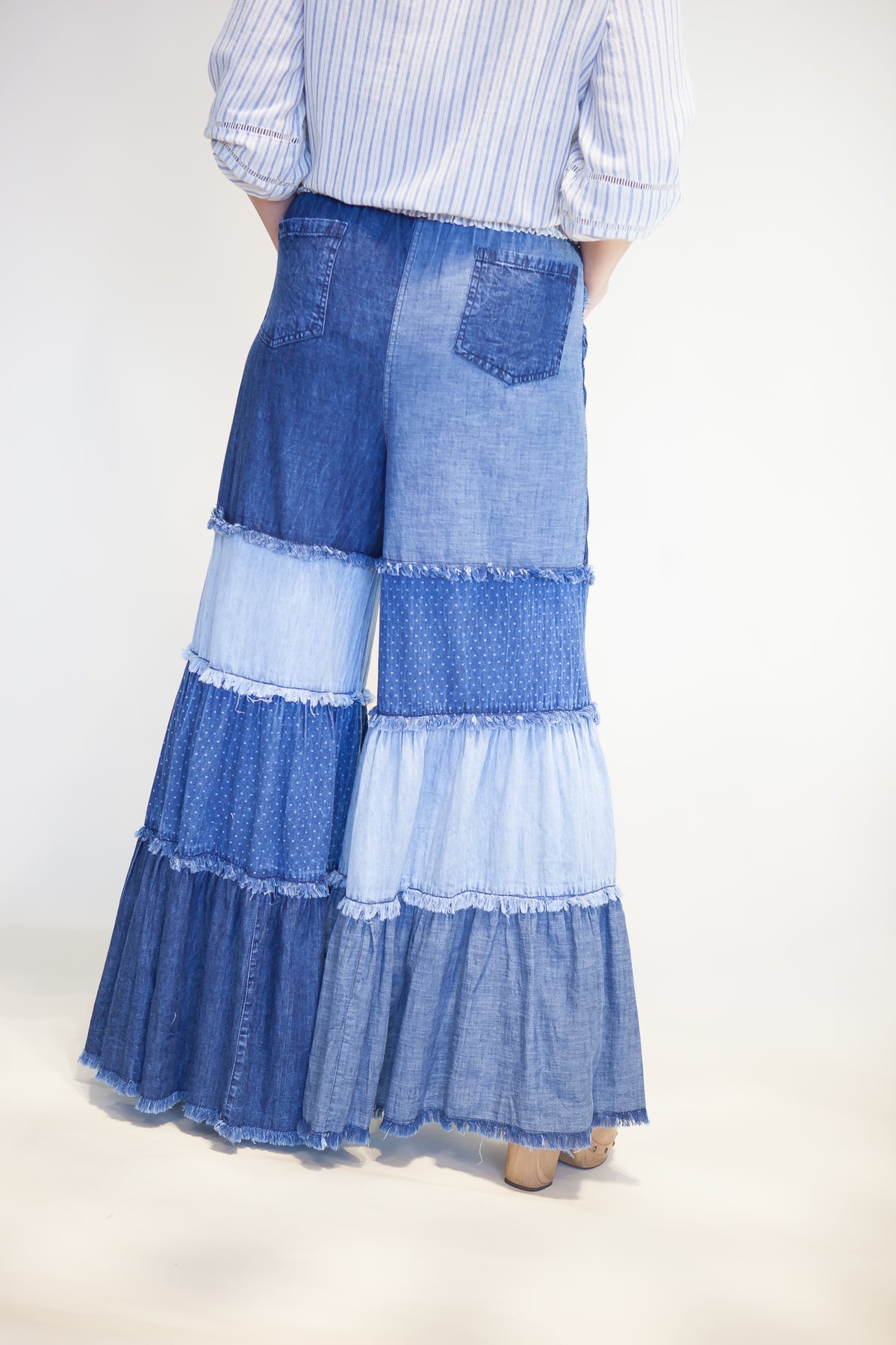 Patchwork Tiered Denim Flare Pants
