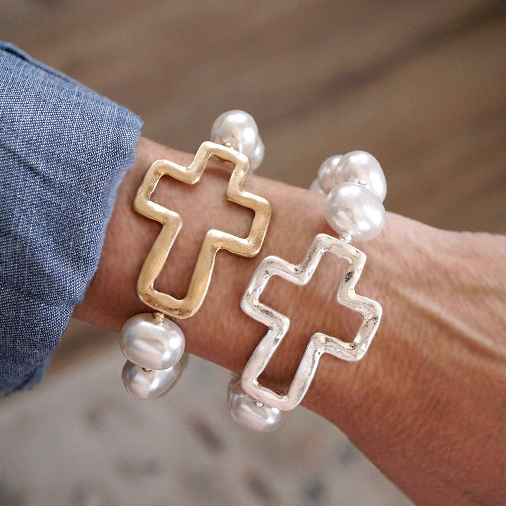 Statement Beaded Cross Bracelet – Chunky Pearl Cross Bracelet Gold Silver