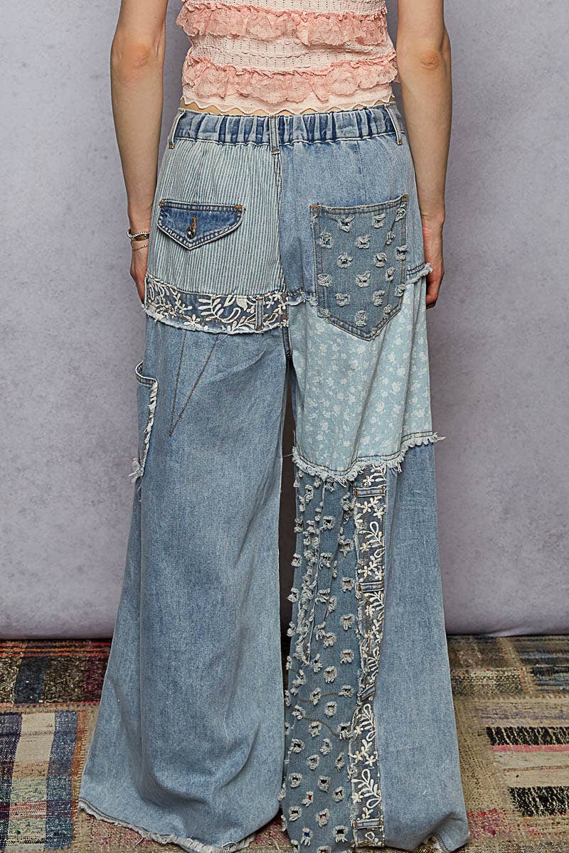 POL Lace-Overlay Detailed Denim Woven Pants