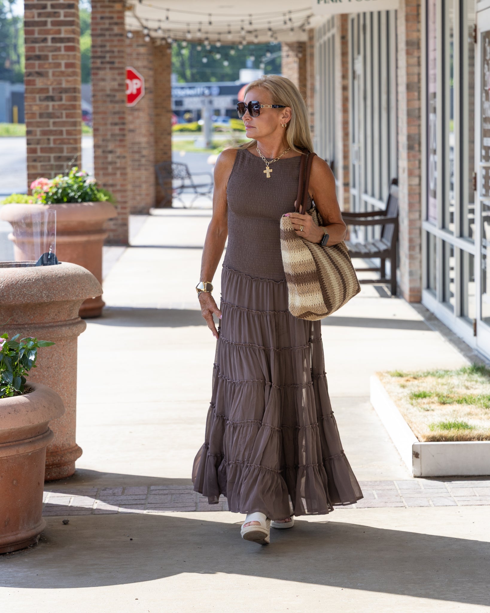 Smocked Boat Neck Tiered Maxi Dress