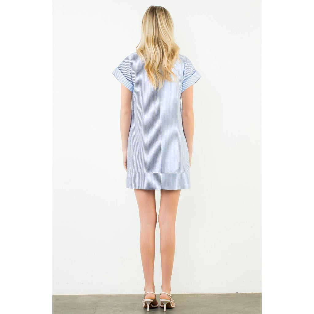 Short Sleeve Split Striped V-Neck Dress