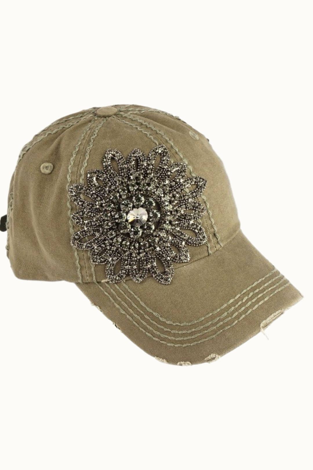 Sunflower Bejeweled Glitz Distressed Cap, Adjustable