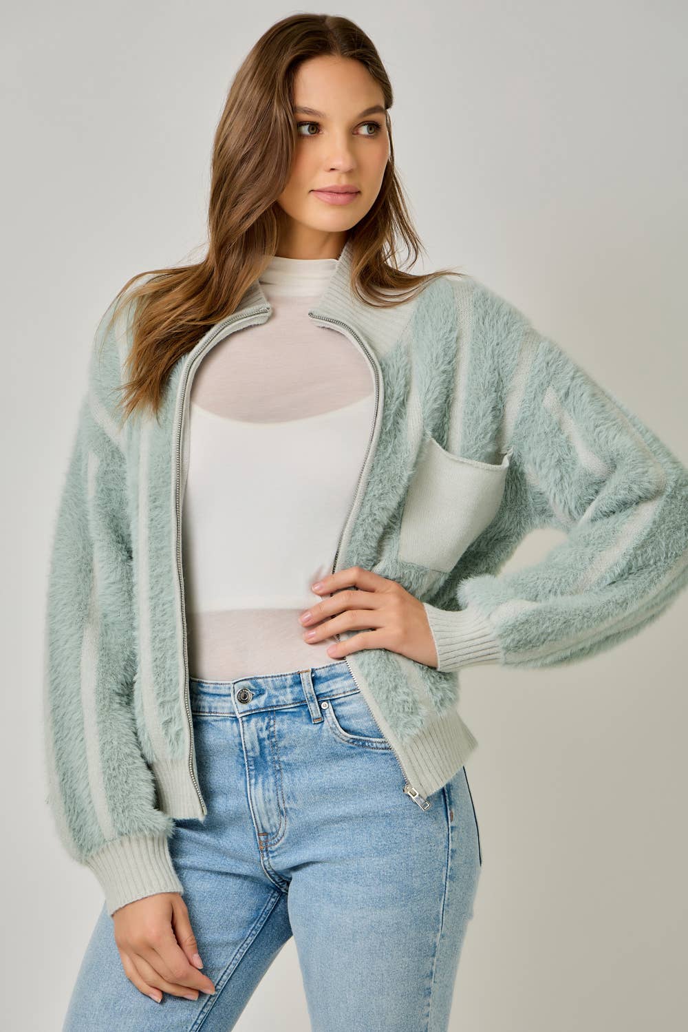 Fuzzy Zip-Up Sweater Jacket