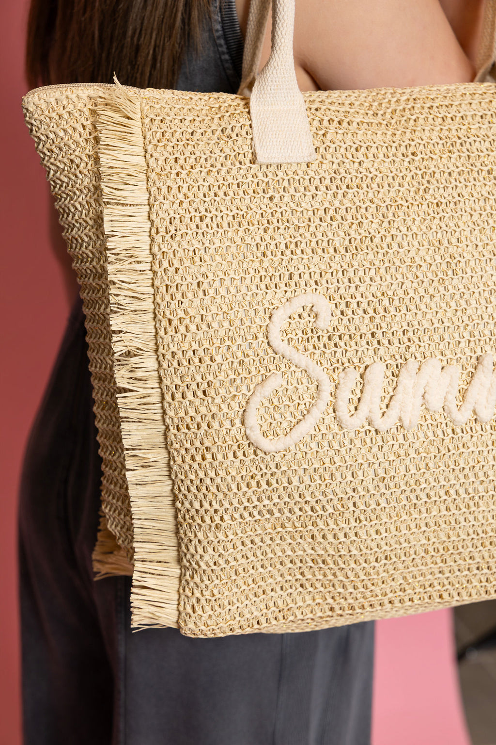 Woven Straw Fringe Tote With Summer Embroidery