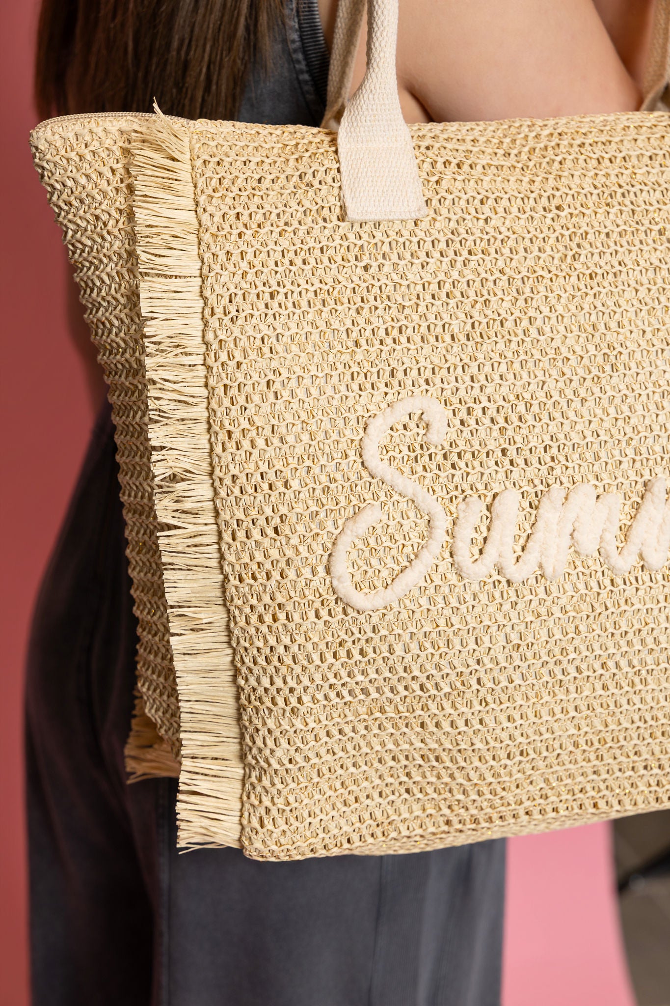 Woven Straw Fringe Tote With Summer Embroidery
