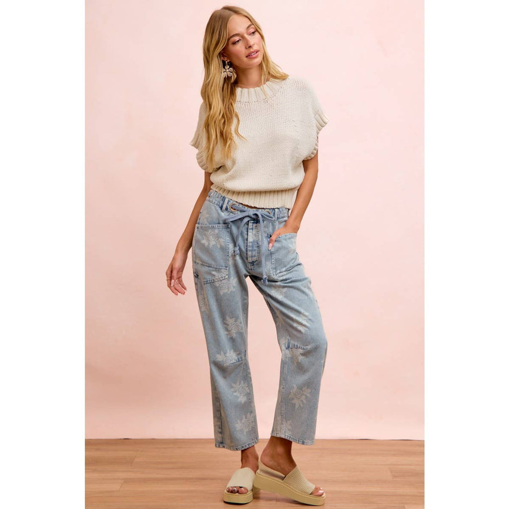 ROSE PRINTED WASHED DENIM PANTS WITH WAIST BELT