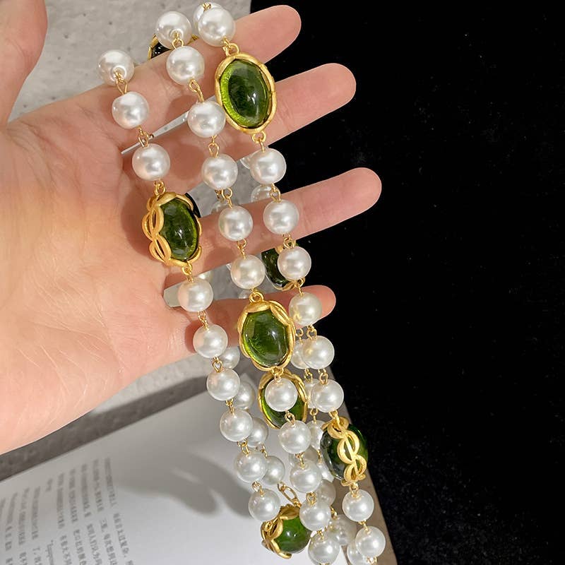 Layered Pearlies Necklace with Emerald Green Accents