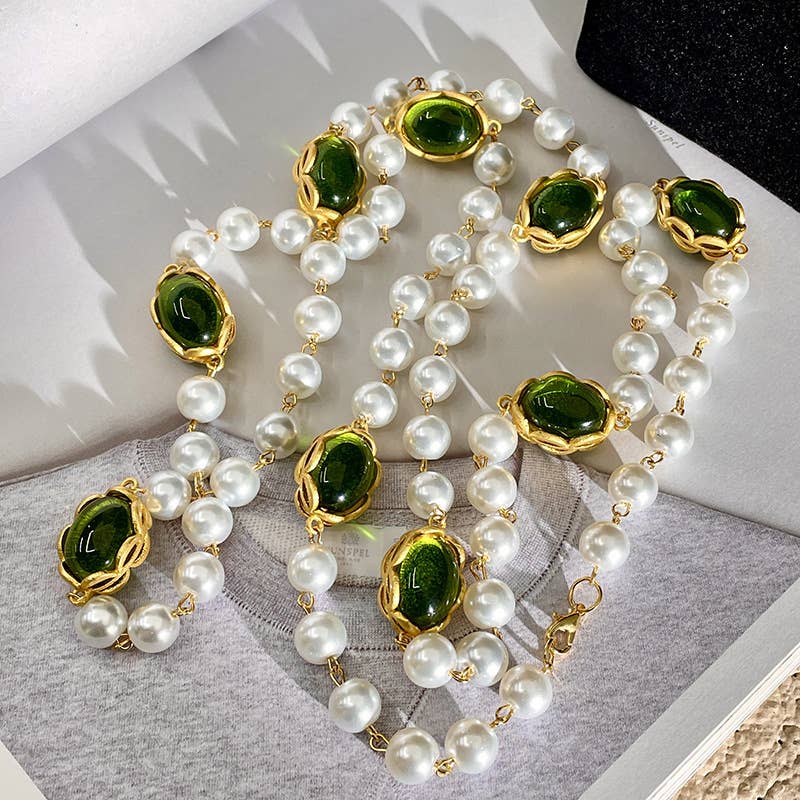 Layered Pearlies Necklace with Emerald Green Accents
