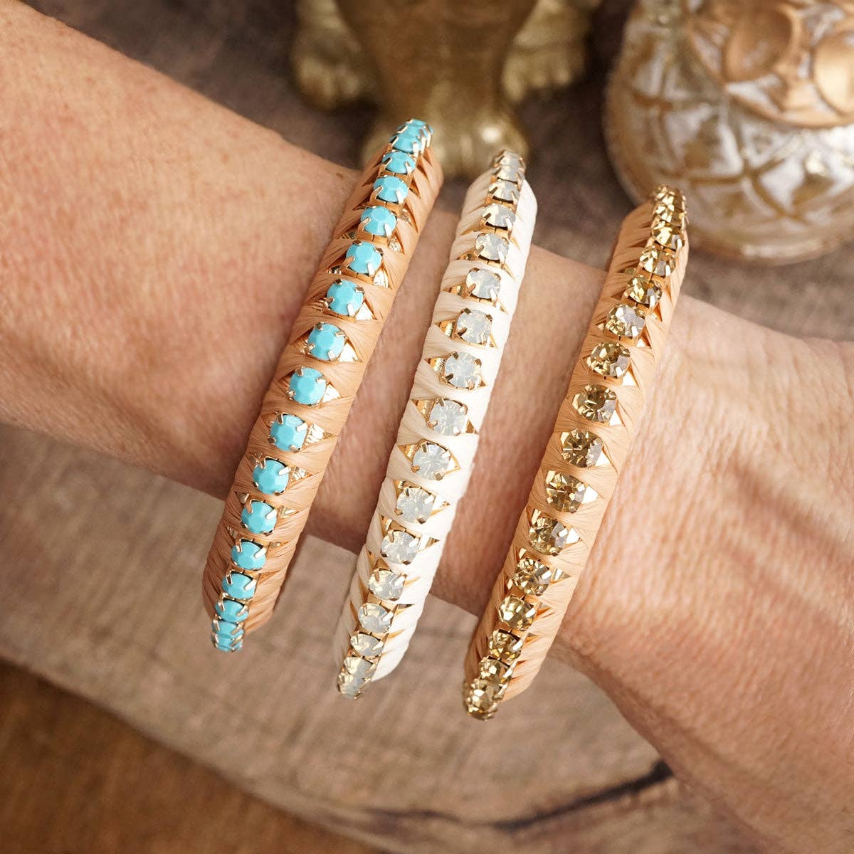 Sun Dancer – Raffia-Wrapped Bangle with Crystal Channel Accent