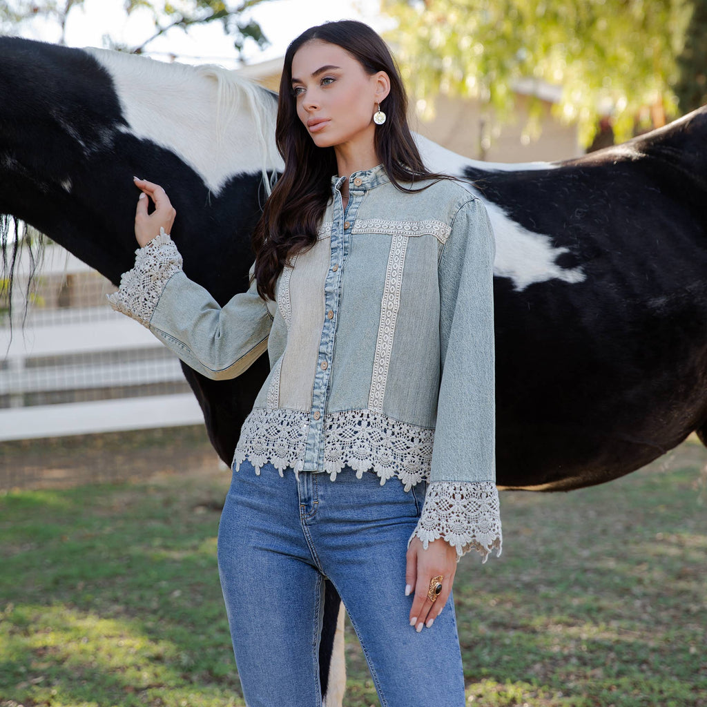 Boho Denim And Lace  Button-Down Top