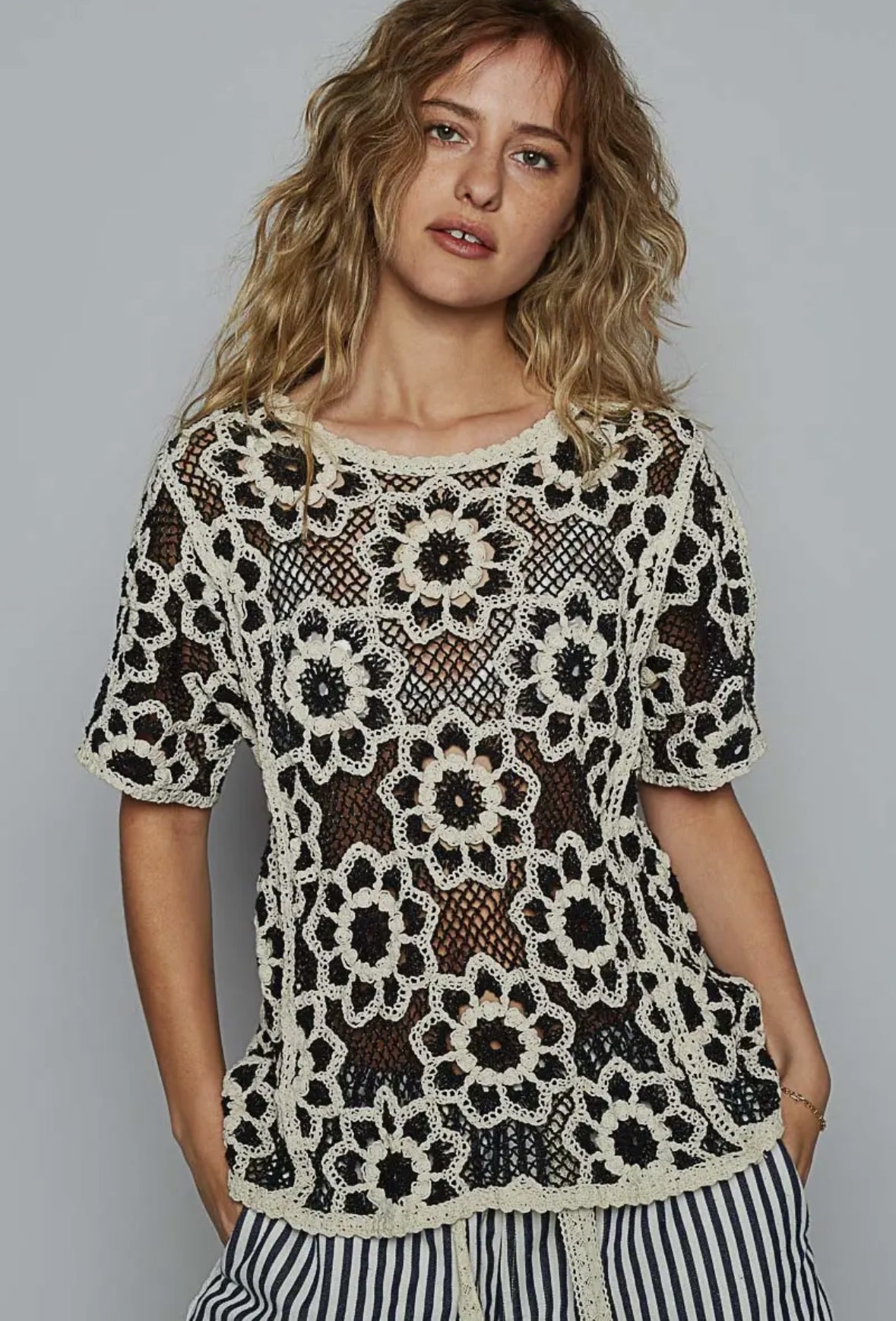 Florence Round Neck Short Sleeve Crochet Knit Top