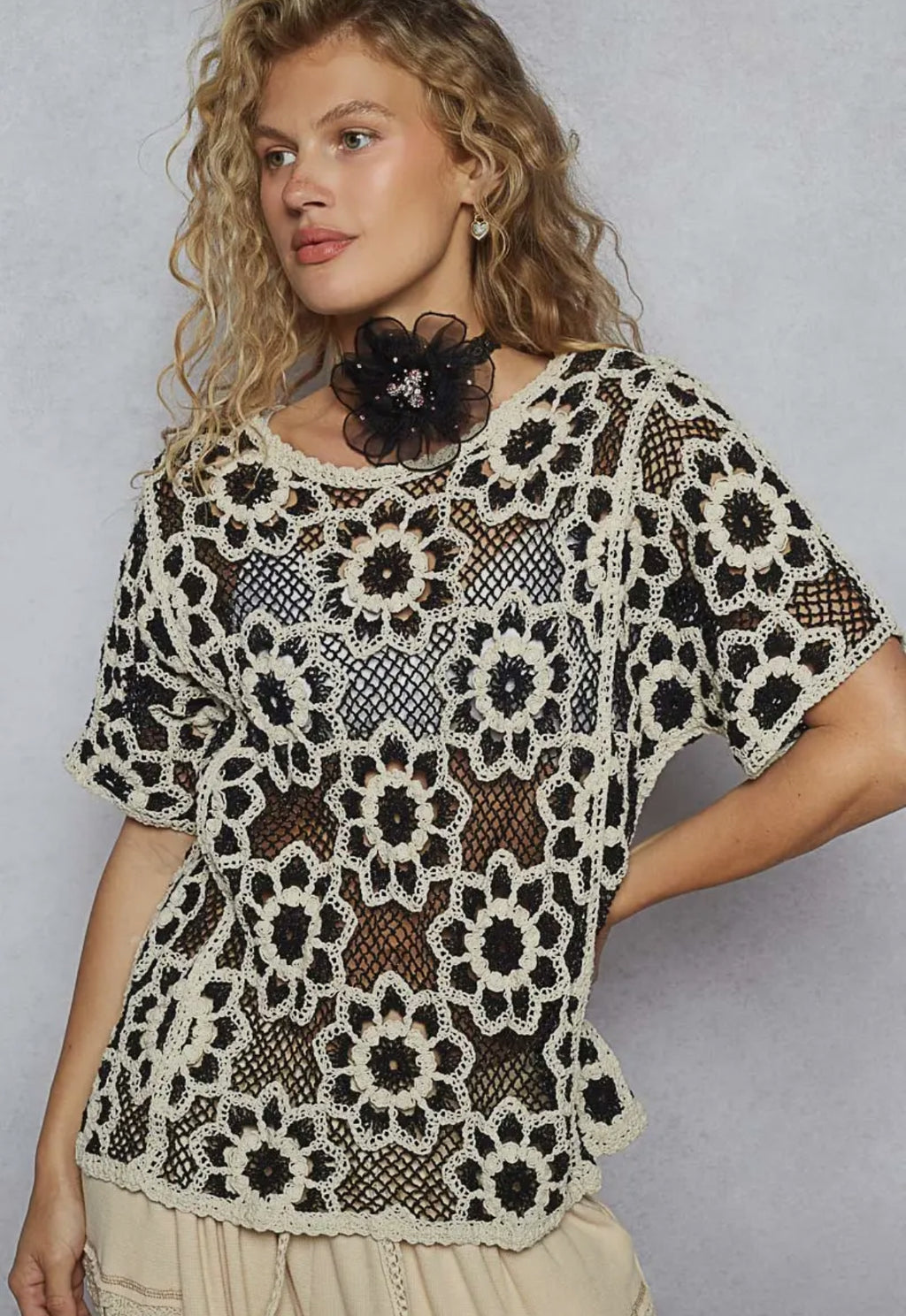 Florence Round Neck Short Sleeve Crochet Knit Top