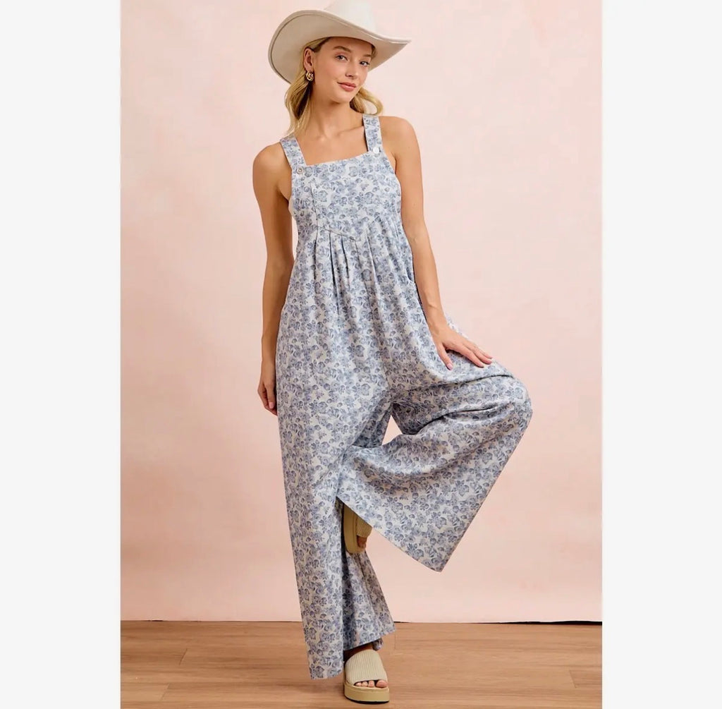 Washed Twill Flower Printed Overall w/ Front Pocket