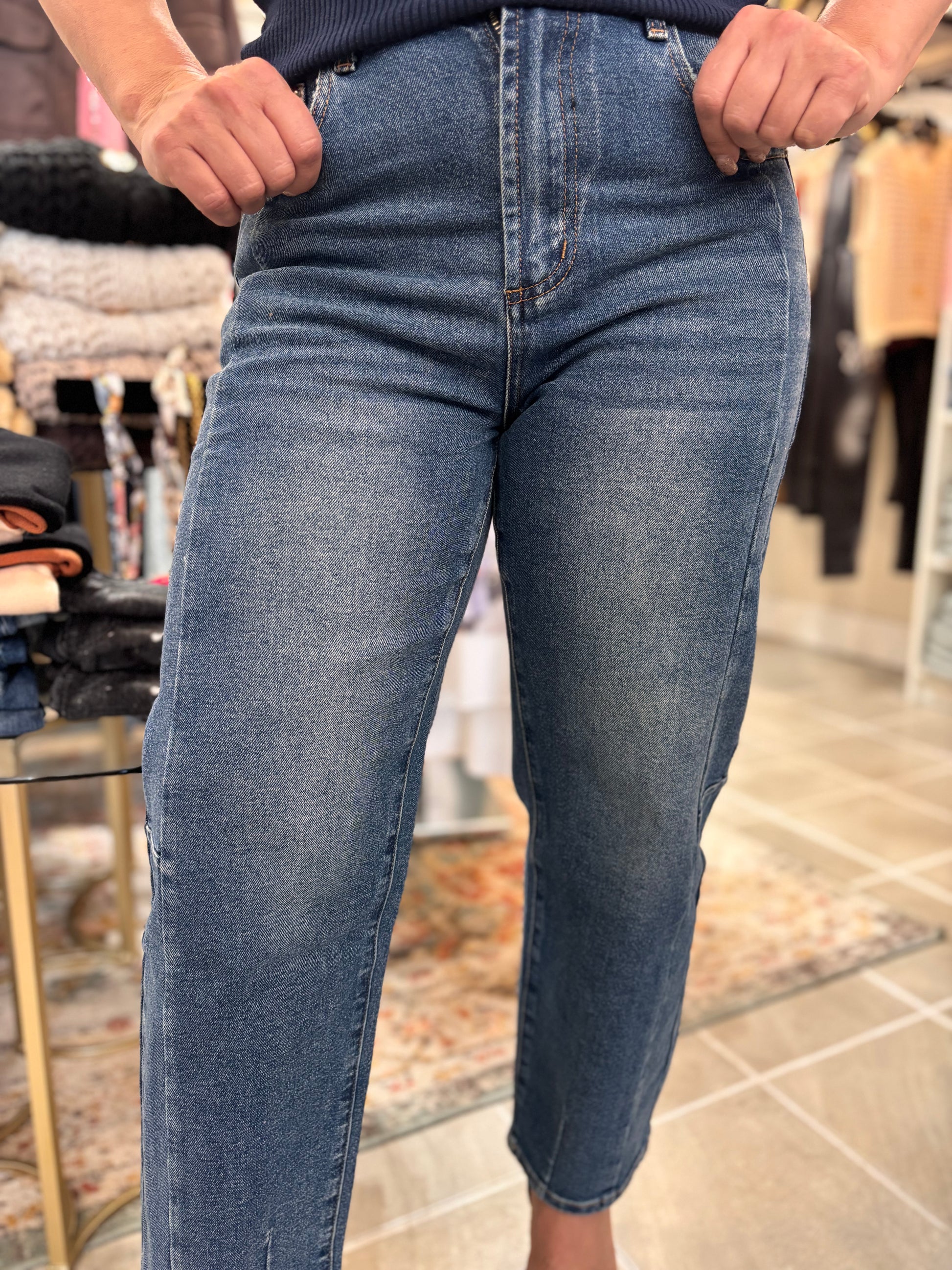 Rosy Straight Dark Wash Denim w/ Side Details