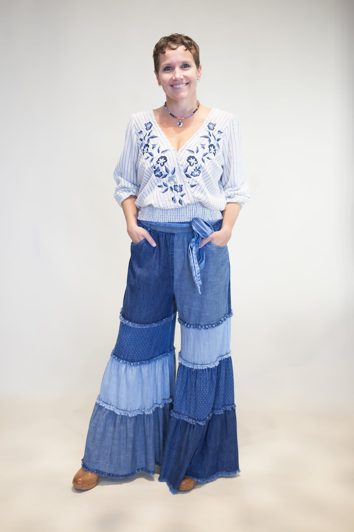 Patchwork Tiered Denim Flare Pants