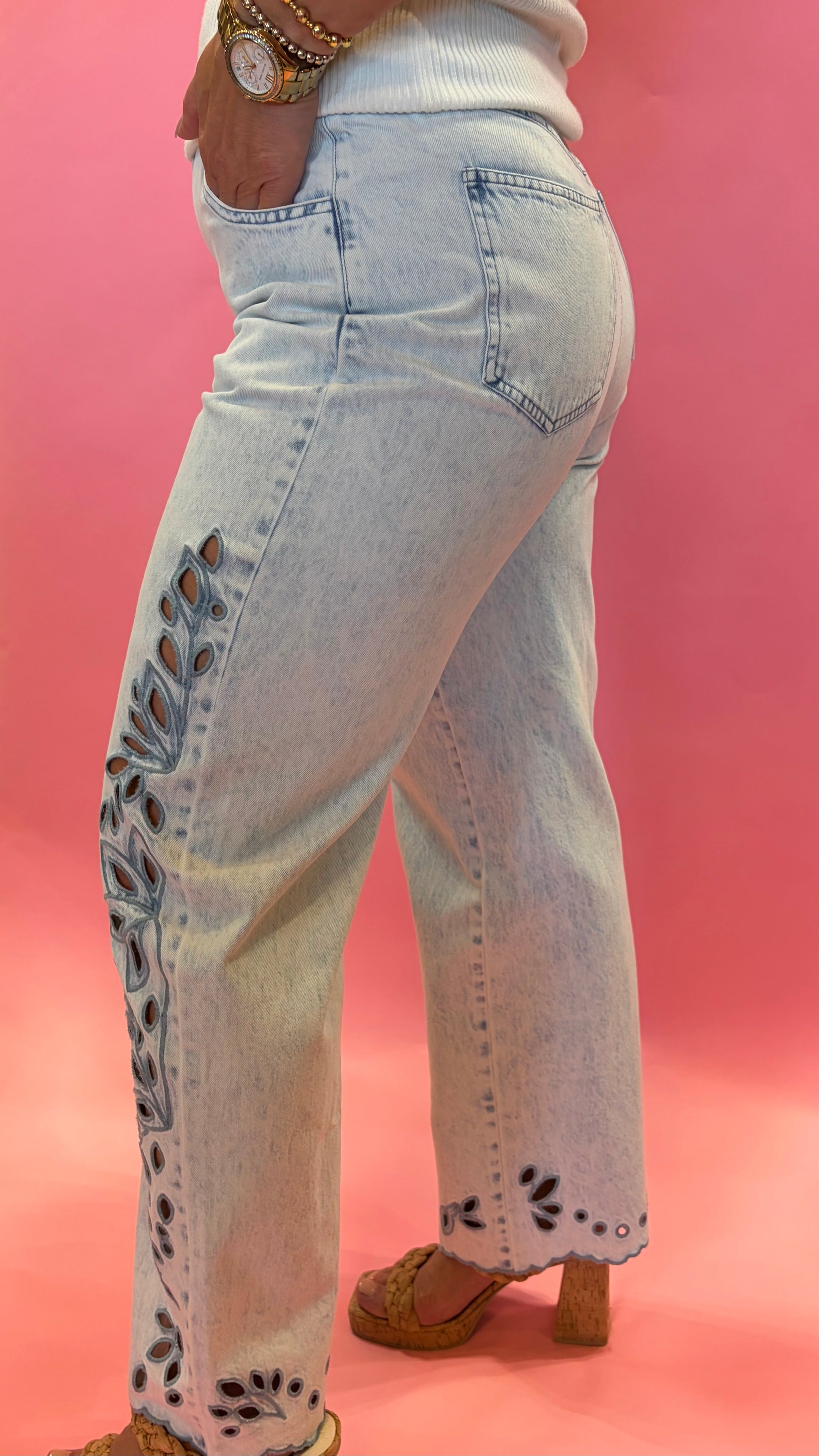 Eyelet Cutouts Trendy Embroidered Straight Leg Jeans