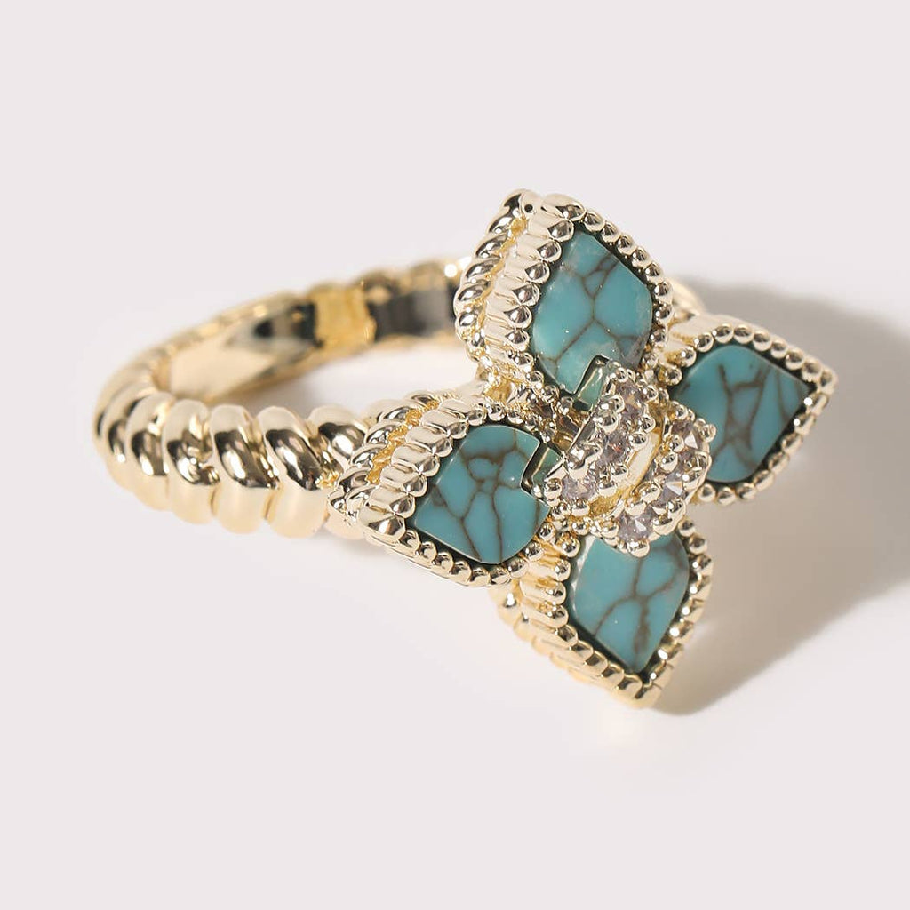 Gold Turquoise Clover CZ Ring