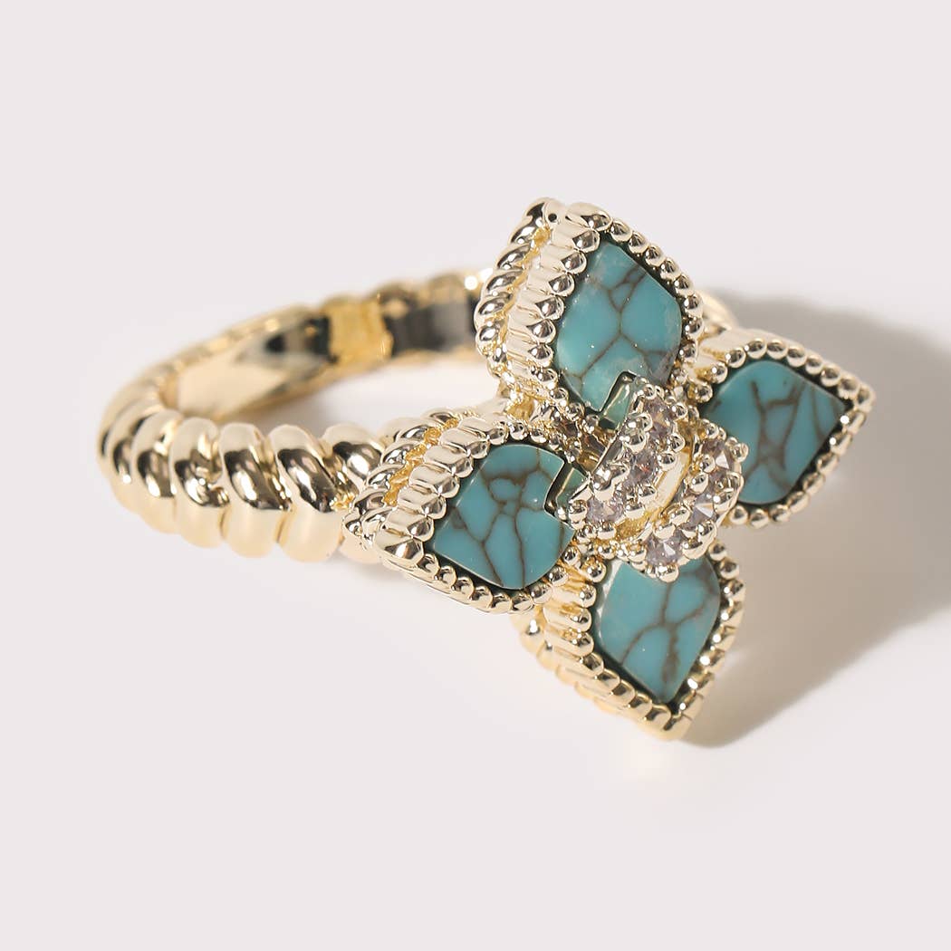 Gold Turquoise Clover CZ Ring