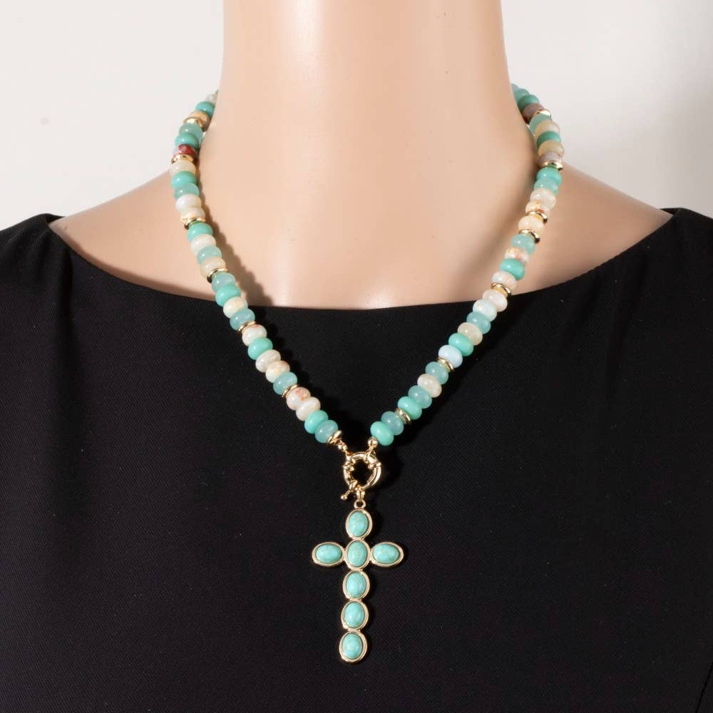 Semi Precious Stone Cross Pendant Necklace