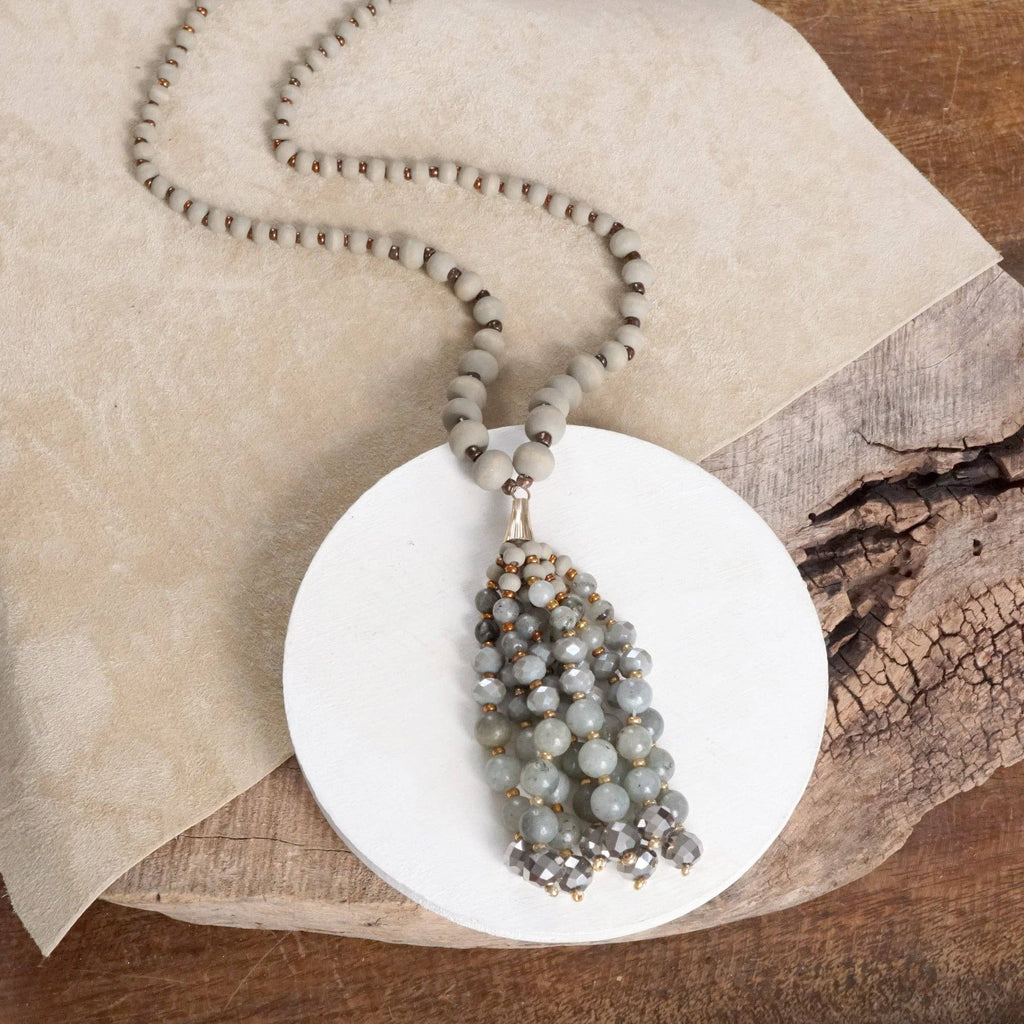 Desert Harmony – Mala Beaded Tassel Necklace with Amazonite or Labradorite