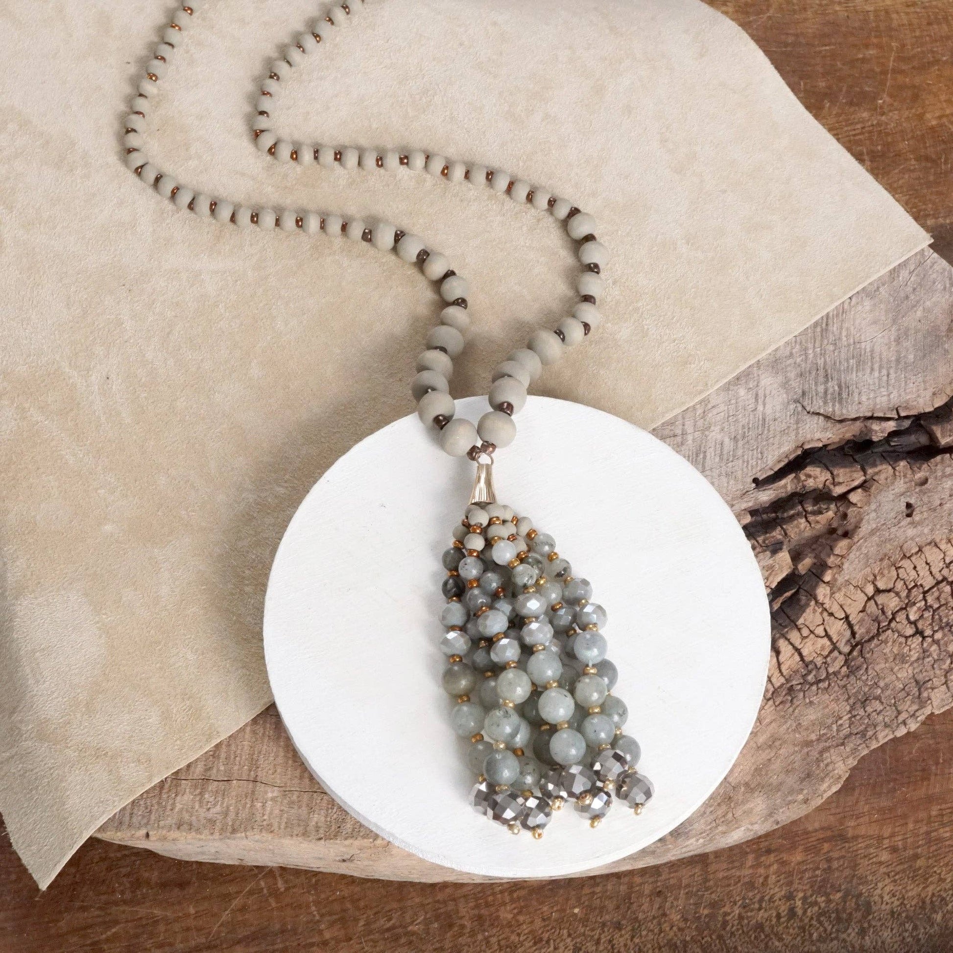 Desert Harmony – Mala Beaded Tassel Necklace with Amazonite or Labradorite