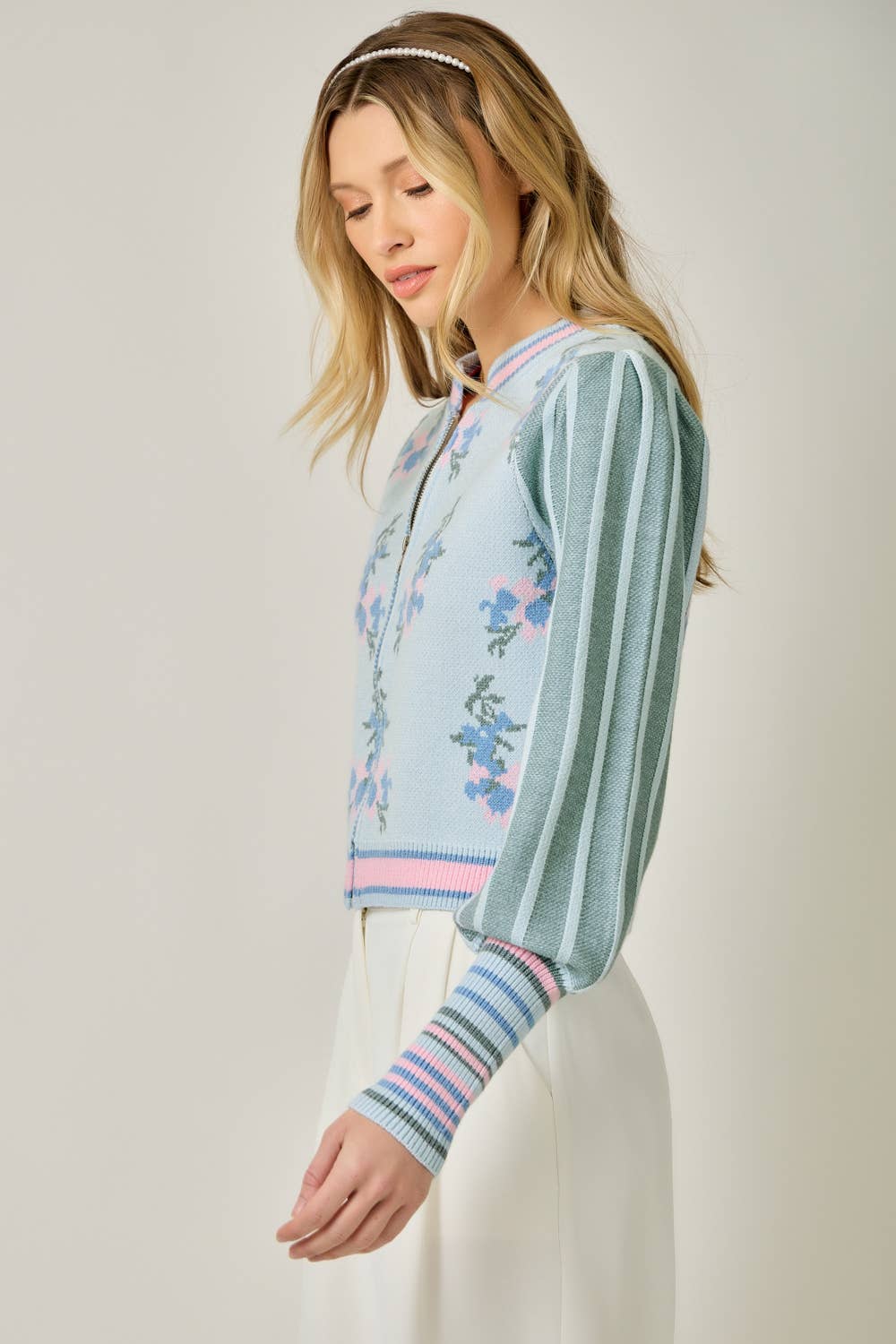 Sweater Floral Zip Bomber Jacket