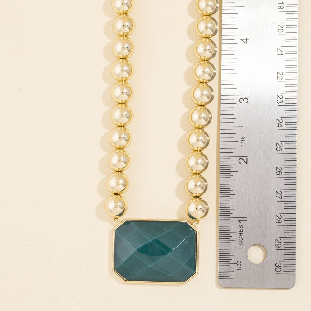 Bead Chain Necklace With Faceted Stone Pendant