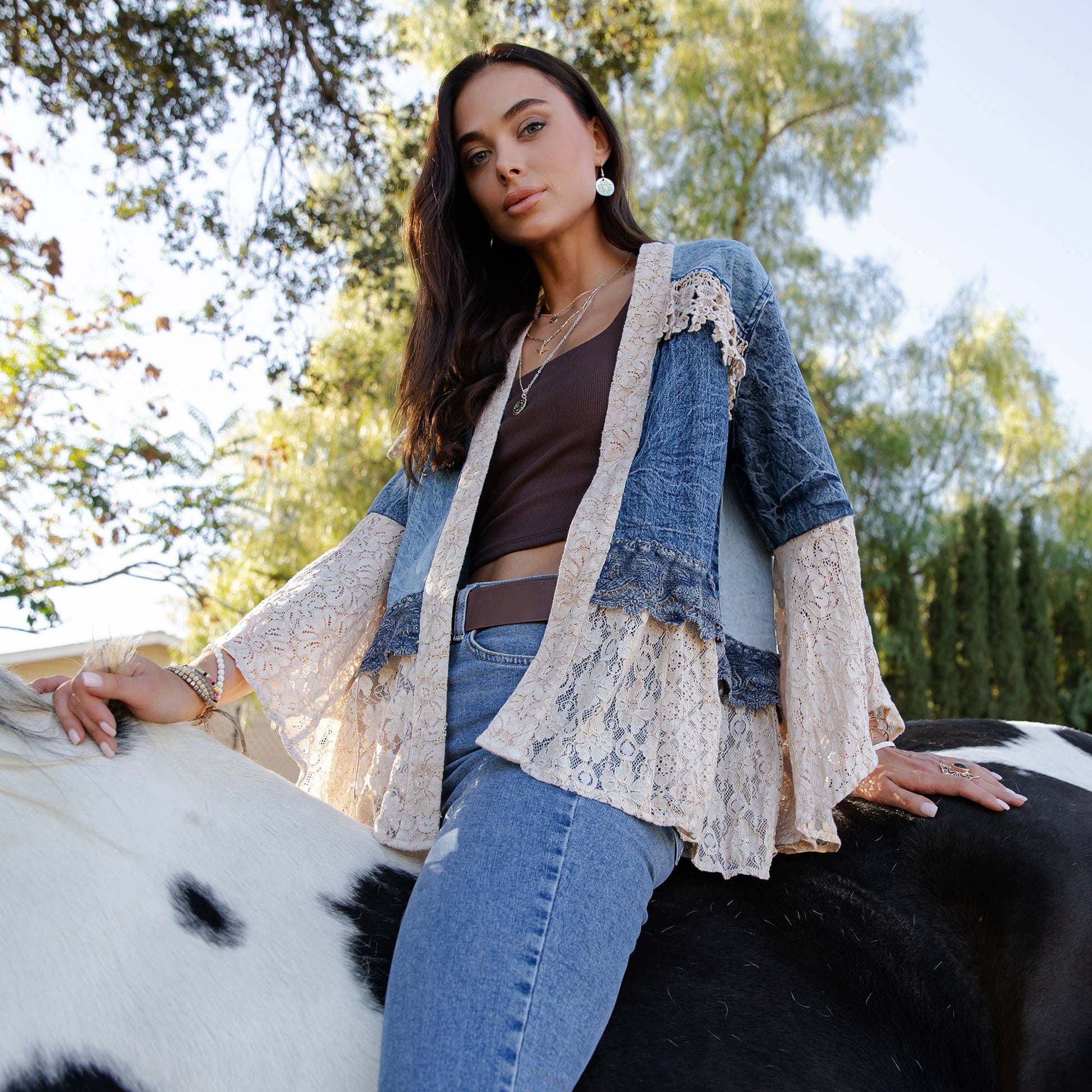 Boho Lace & Denim Patchwork Kimono Top/Sienna
