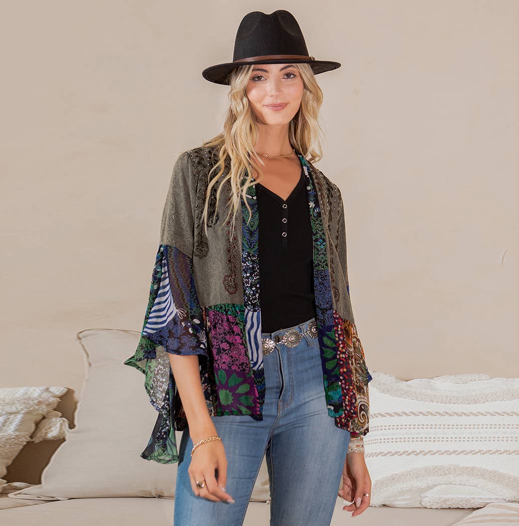 Boho Mixed Print Flowy Summer Shrug Top