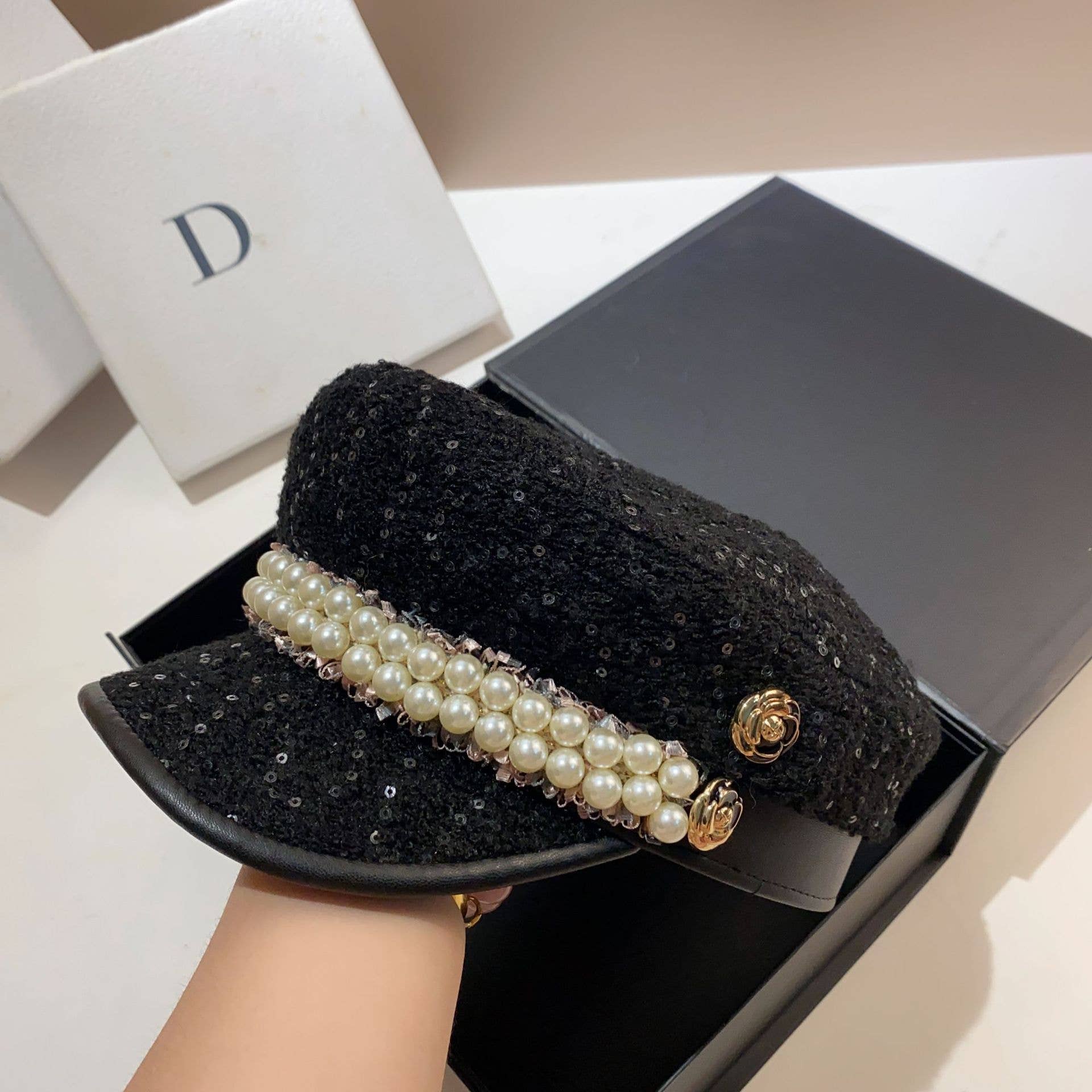 Luxury Pearl Beaded Sequin Hat in Black