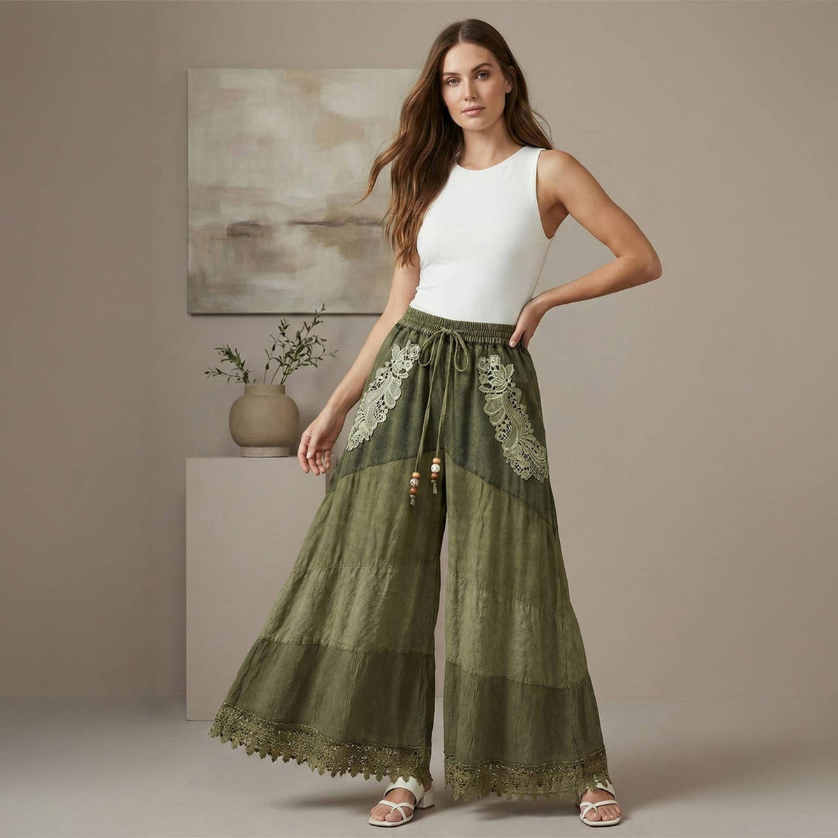 Maribel Lace Appliqué Palazzo Pants