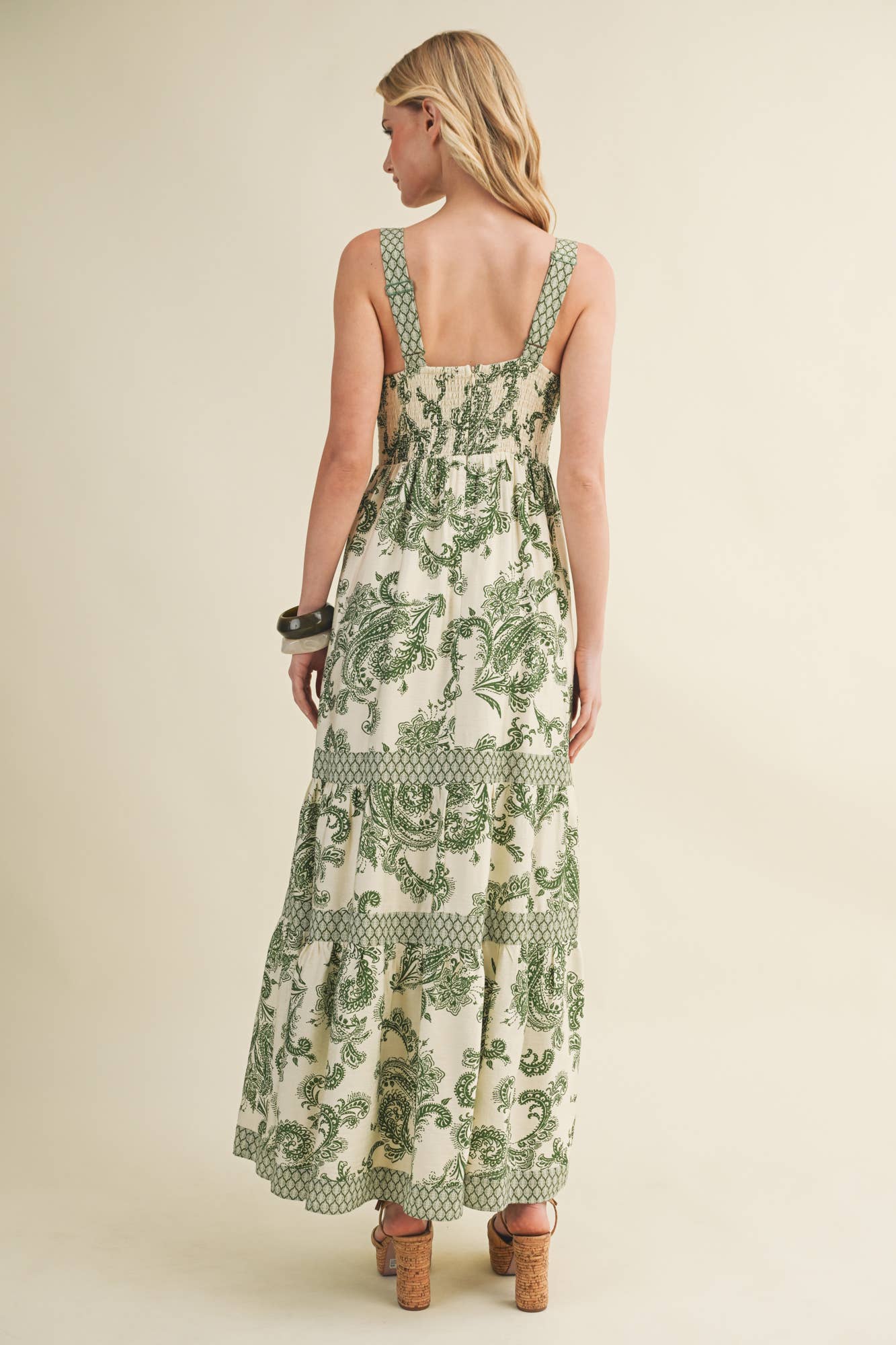 Banded Paisley Print Tiered Maxi Dress