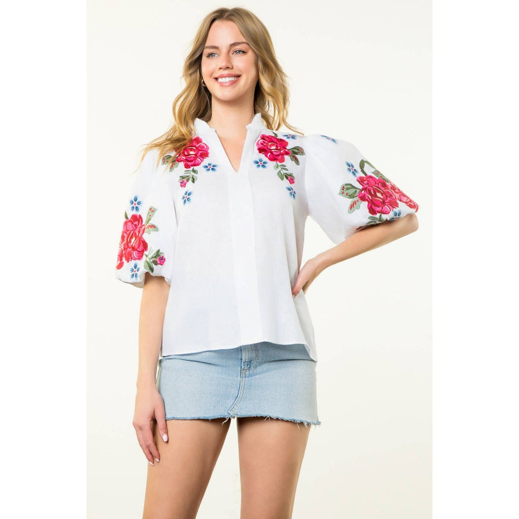 Flower Embroidered Puff Sleeve Top