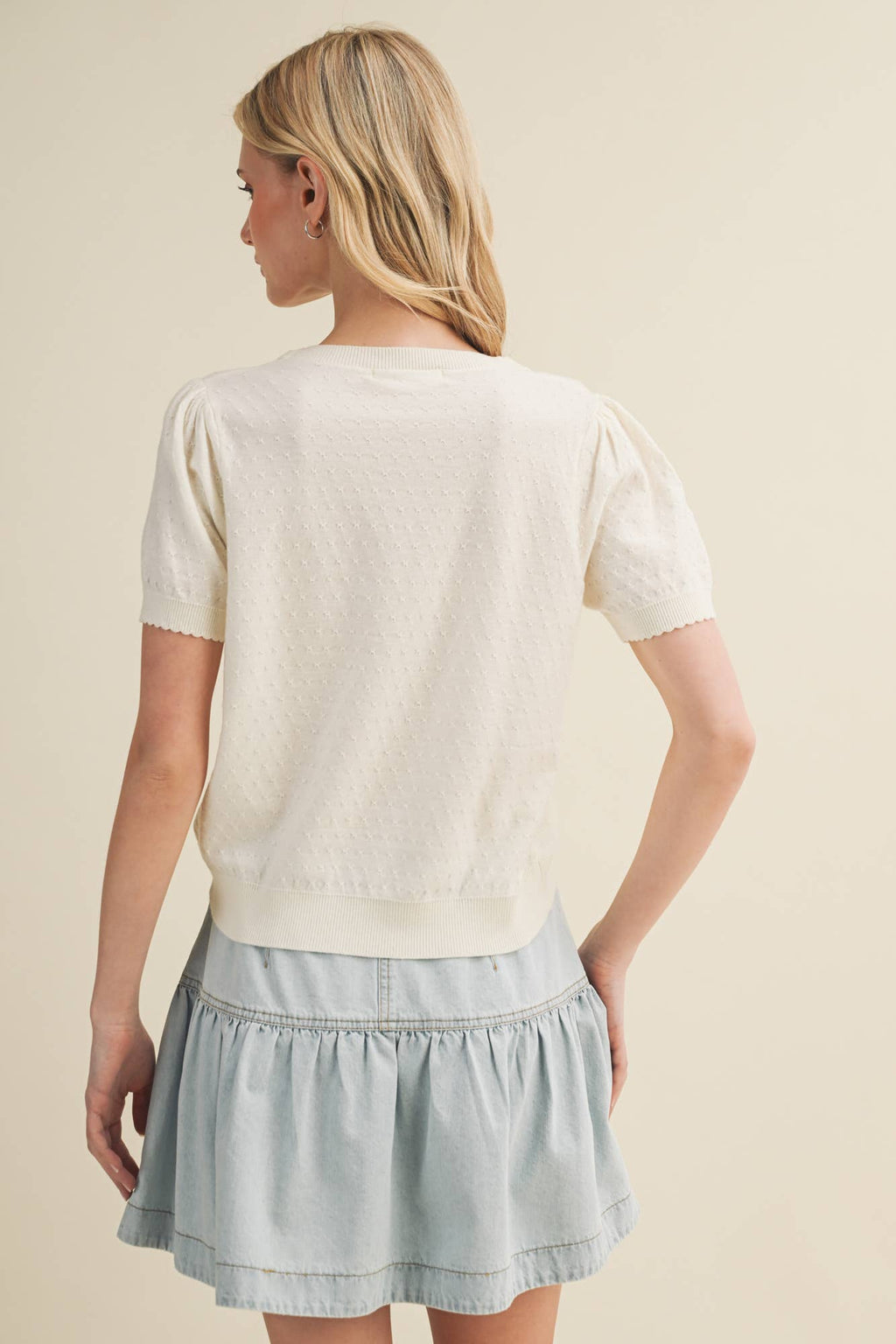 Starburst Pointelle Puff Sleeve Sweater