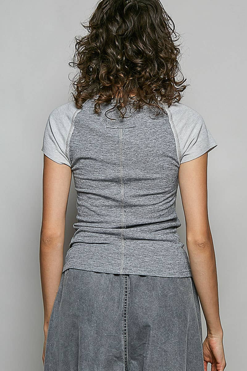 Round Neck Raglan Sleeve Contrast Solid Fitted Rib Top