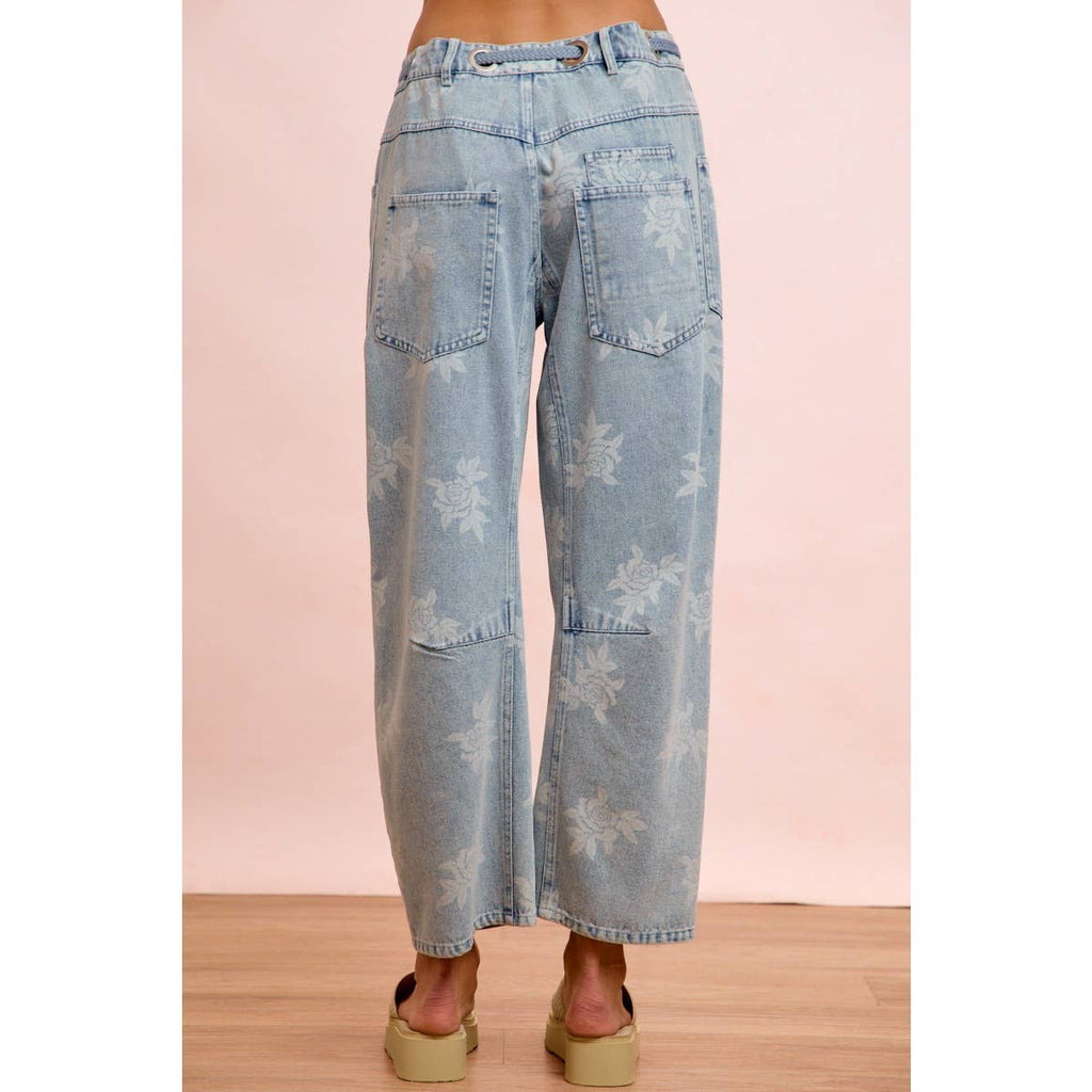 ROSE PRINTED WASHED DENIM PANTS WITH WAIST BELT
