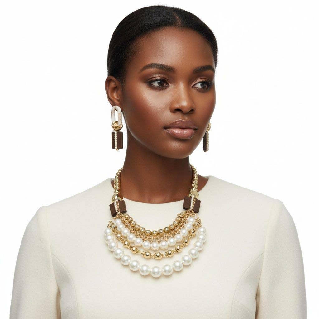 Wood Bead Natural and Glam Multi Layer Necklace