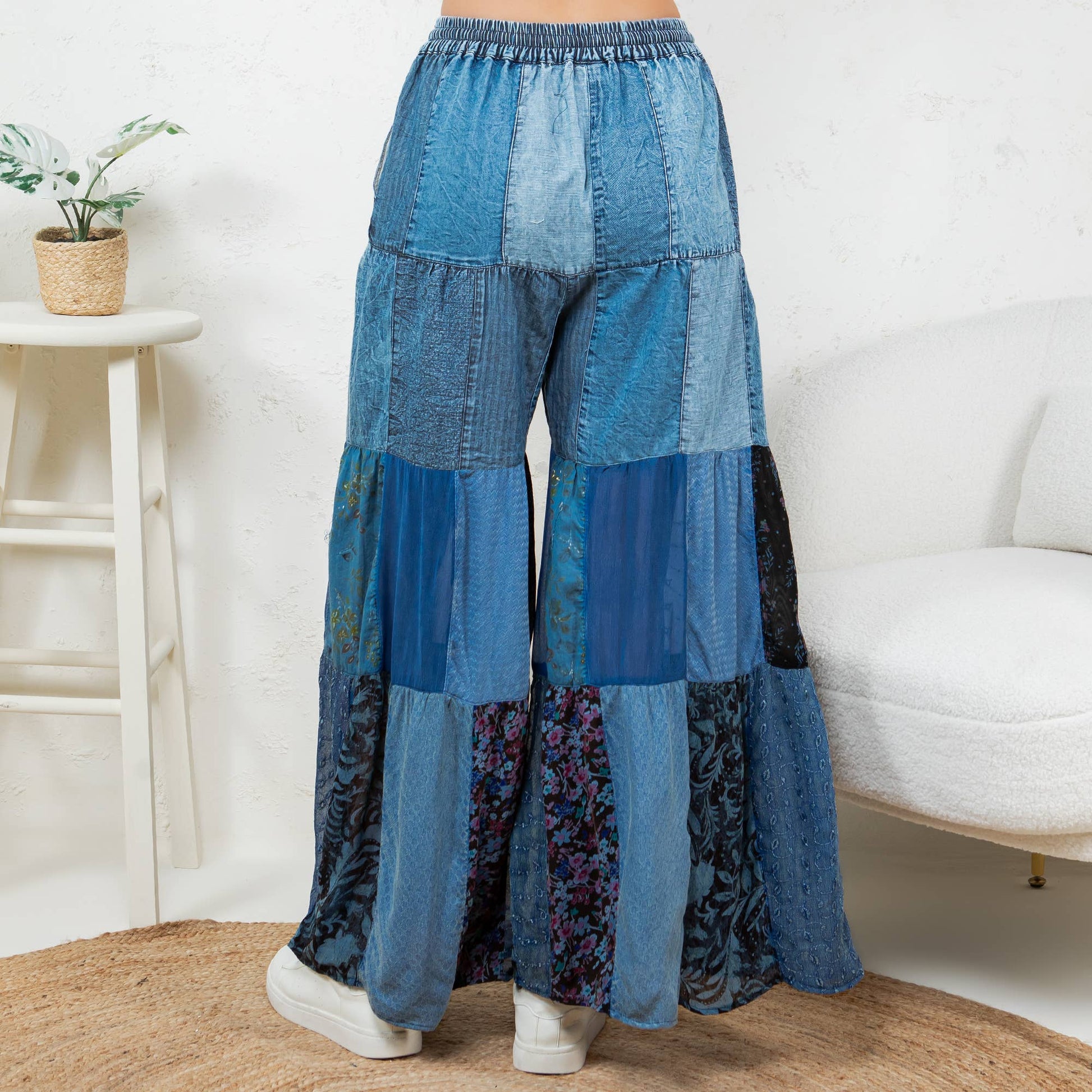 Boho Tiered Patch Inserted Denim Lace & Knit Pants