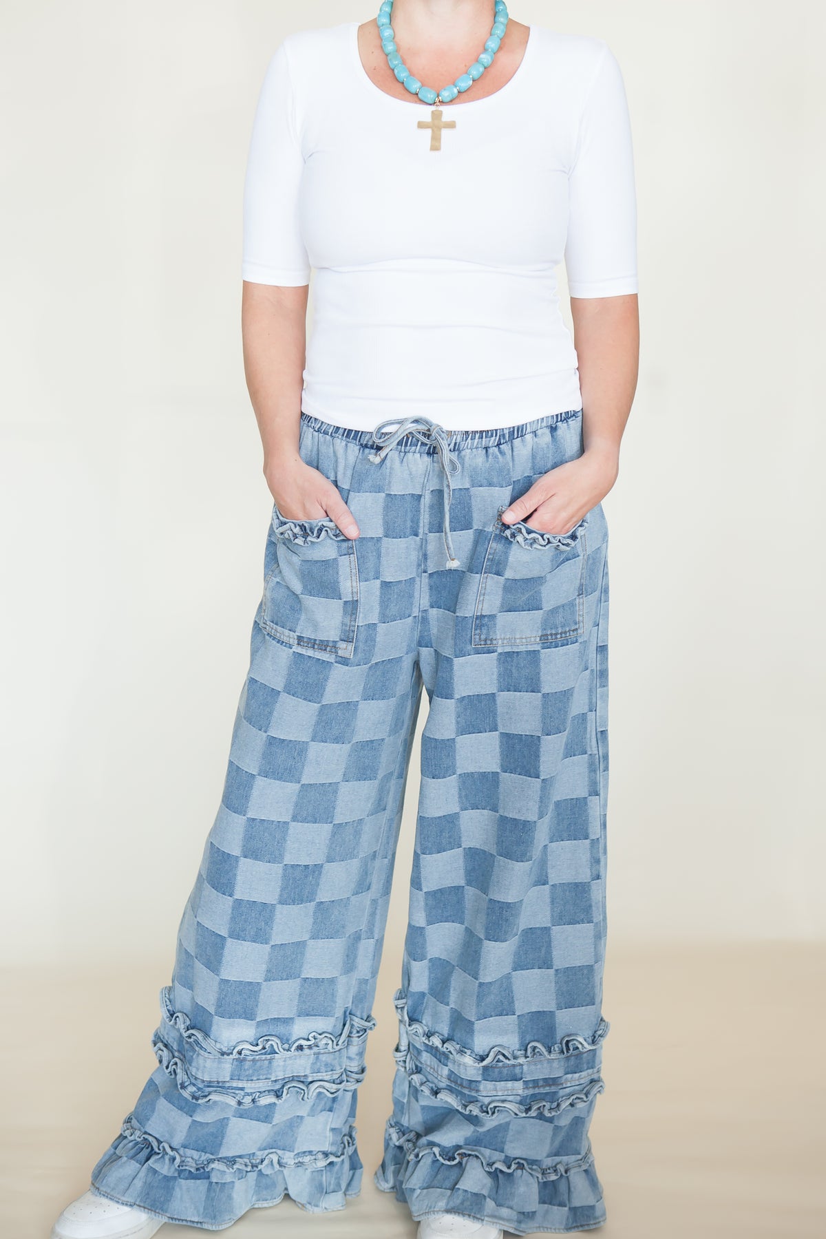 Stevie Checkered Ruffle Wide Leg Jeans