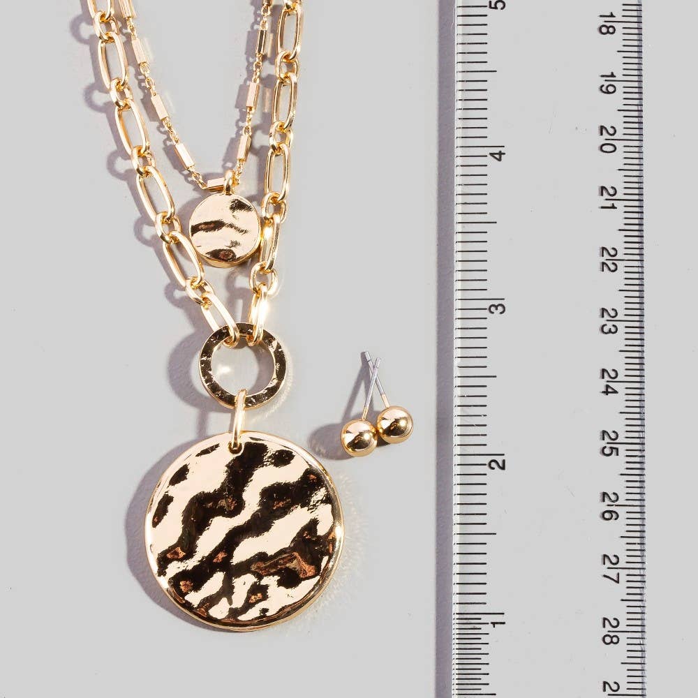 Double Chain Hammered Coin Pendant Necklace Set