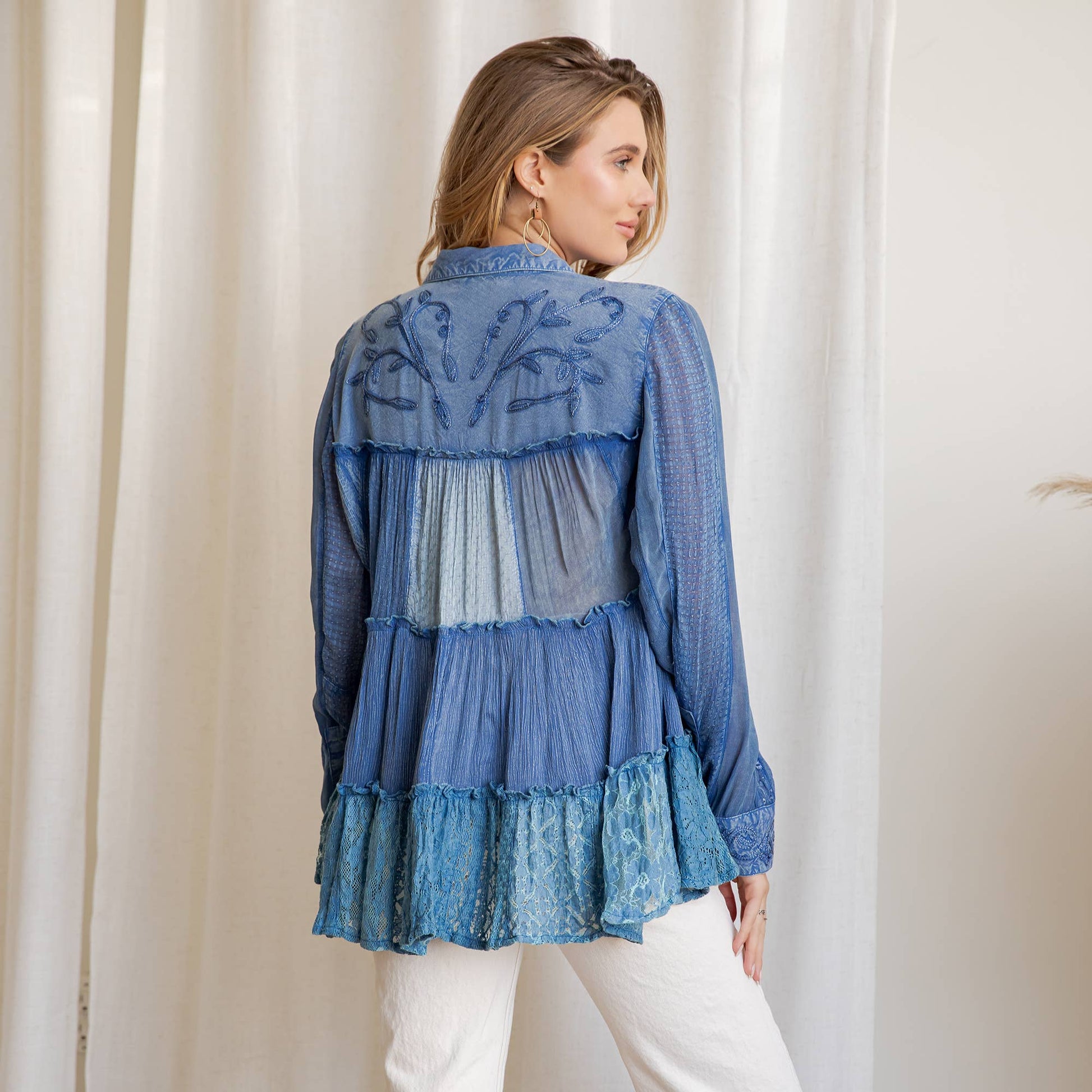Mineral Wash Tiered Button-Down Blouse with Floral Details
